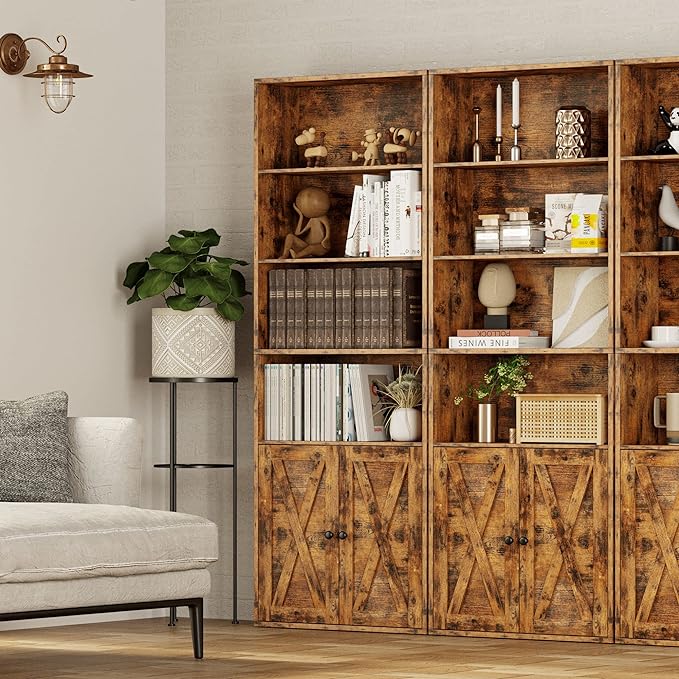 IRONCK Industrial Bookshelves and Bookcases with Doors Floor Standing 6 Shelf Display Storage Shelves 70 in Tall Bookcase for Home Office, Living Room - LeafyLoom