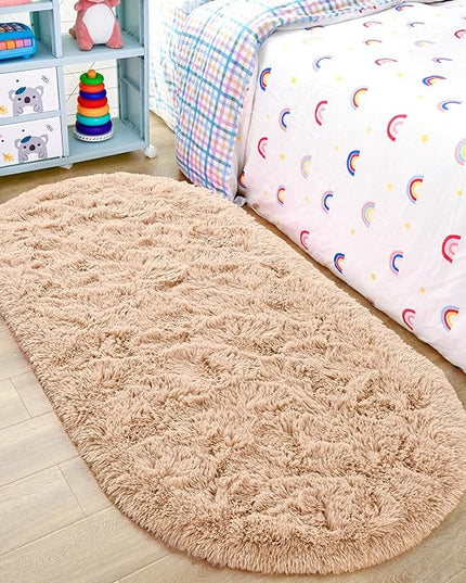 Noahas Ultra Soft Fluffy Bedroom Rugs,2.6' X 5.3' Oval Beige Fluffy Rugs for Bedroom,Small Throw Rugs, Kids Room Carpet Modern Shaggy Area Rugs Home Decor - LeafyLoom