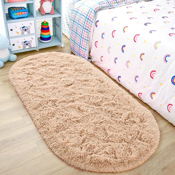 Noahas Ultra Soft Fluffy Bedroom Rugs,2.6' X 5.3' Oval Beige Fluffy Rugs for Bedroom,Small Throw Rugs, Kids Room Carpet Modern Shaggy Area Rugs Home Decor - LeafyLoom