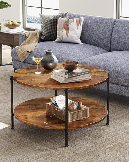 WLIVE Round Coffee Table, Rustic 2-Tier Circle Coffee Table with Open Storage Shelf, Industrial 32.6" Wood Round Center Table for Living Room, Bedroom, Home Office, Rustic Brown - LeafyLoom