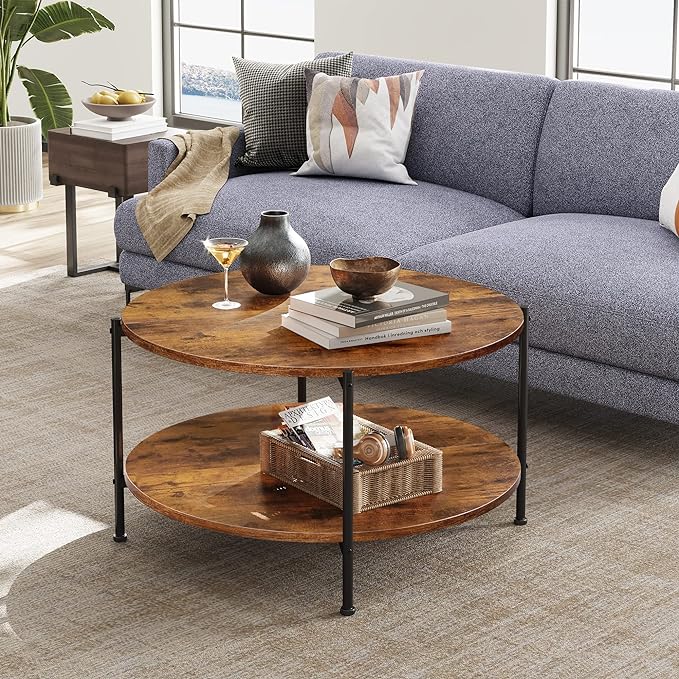 WLIVE Round Coffee Table, Rustic 2-Tier Circle Coffee Table with Open Storage Shelf, Industrial 32.6" Wood Round Center Table for Living Room, Bedroom, Home Office, Rustic Brown - LeafyLoom