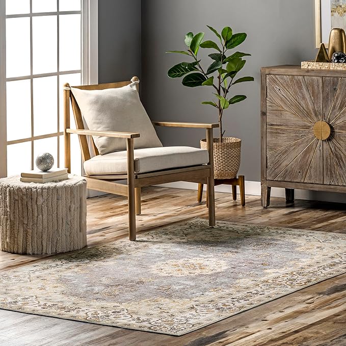 nuLOOM Ren Vintage Floral Machine Washable Ultra Thin Area Rug, 8x10, Light Grey - LeafyLoom