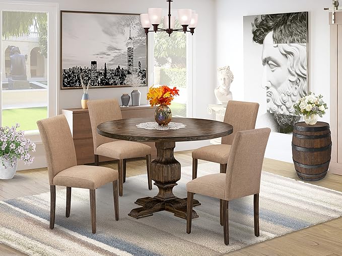 East West Furniture I3AB5-747 Irving 5 Piece Set for 4 Includes a Round Kitchen Table with Pedestal and 4 Light Sable Linen Fabric Parsons Dining Chairs, 48x48 Inch - LeafyLoom