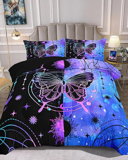 Butterfly Comforter - Butterfly Bed Set - Boho Butterfly Sun and Moon Printed Bedding Sets, Queen Size Comforter Set for Girls, Black Blue Butterfly Comforter Set Queen with 2 Pillowcases - LeafyLoom