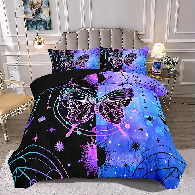 Butterfly Comforter - Butterfly Bed Set - Boho Butterfly Sun and Moon Printed Bedding Sets, Queen Size Comforter Set for Girls, Black Blue Butterfly Comforter Set Queen with 2 Pillowcases - LeafyLoom