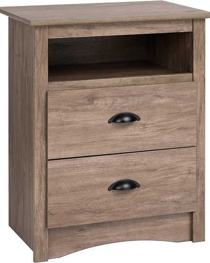 Prepac's Fremont 2 Drawer Nightstand: Elegant Bedroom Furniture, Bedside Table with Open Shelf, 23.25"W x 16"D x 28"H, Drifted Gray - DDC-2428 - LeafyLoom