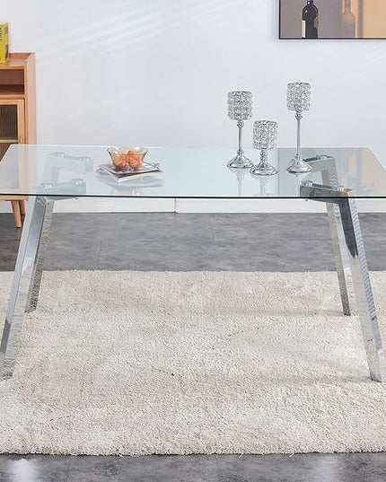 NicBex 63Inch Rectangular Dining Table,Minimalist Kitchen Table with Tempered Glass Tabletop and Silver Metal Legs for 6 to 8,Large Dining Room Table for Kitchen,Dining Living Room,Silver+Transparent - LeafyLoom