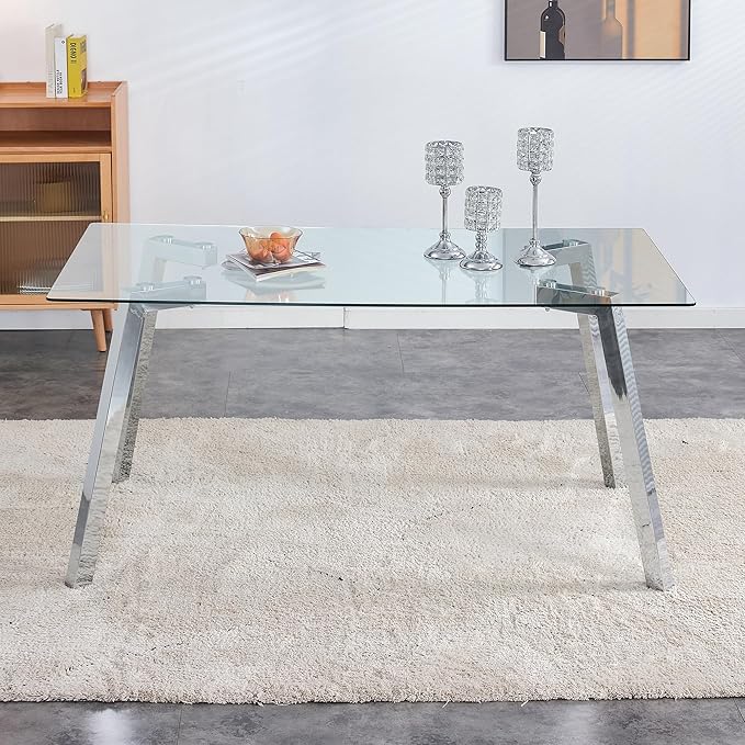 NicBex 63Inch Rectangular Dining Table,Minimalist Kitchen Table with Tempered Glass Tabletop and Silver Metal Legs for 6 to 8,Large Dining Room Table for Kitchen,Dining Living Room,Silver+Transparent - LeafyLoom