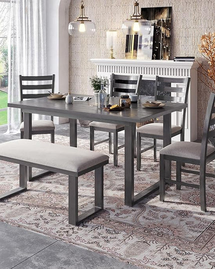 6-Piece Solid Wood Dinette Sets includes Kitchen Dining Table, 4 Upholstered Chairs & Bench, for Diningroom Living Room, Easy to Assemble, Gray 3 - LeafyLoom