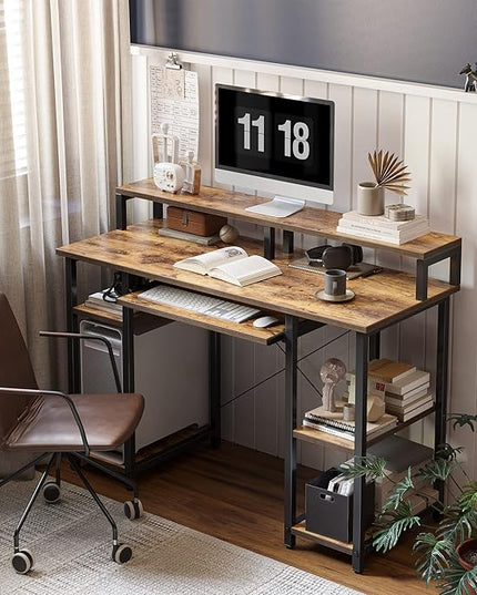 BANTI 47 Inch Computer Desk with Storage Shelves Monitor Stand Keyboard Tray, Home Office Desk, Study Writing Table, Rustic Brown - LeafyLoom