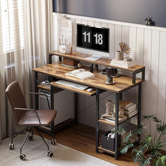 BANTI 47 Inch Computer Desk with Storage Shelves Monitor Stand Keyboard Tray, Home Office Desk, Study Writing Table, Rustic Brown - LeafyLoom