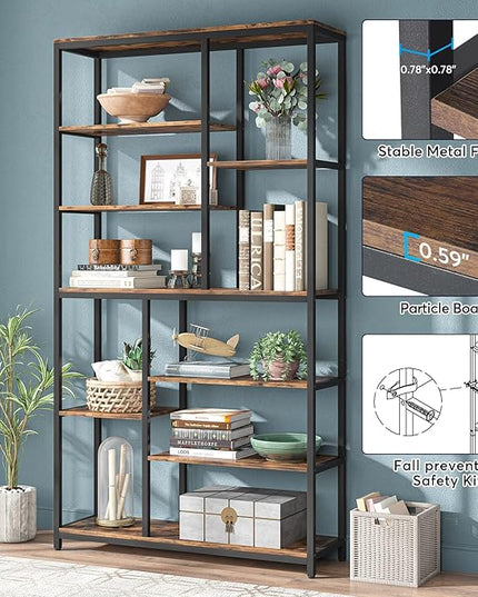Modern 8-Tier Staggered Bookcase - 79 Inches Tall, Wide Wood Etagere Shelving Unit - LeafyLoom