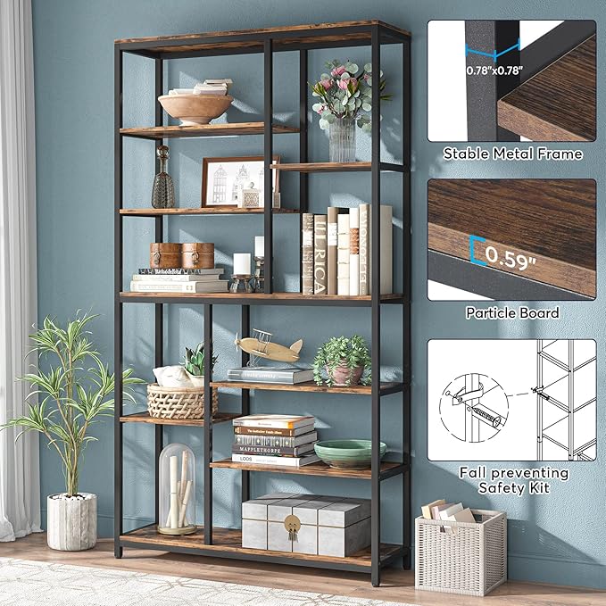 Modern 8-Tier Staggered Bookcase - 79 Inches Tall, Wide Wood Etagere Shelving Unit - LeafyLoom