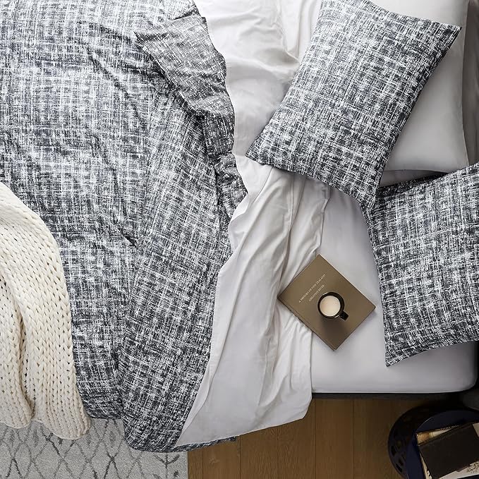 Hyde Lane Mens Full/Queen Comforter Set, Grey Modern Farmhouse Aesthetic Soft masculine Bedding, Plaid Lines Pattern Bed Sets for All Season, 3 Pieces includes 1 Comforter, 2 Shams (90"x 90") - LeafyLoom
