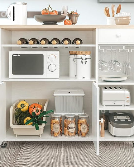 IRONCK Rolling Kitchen Island Cart with Drop-Leaf and Wine Rack, Microwave Rack Serving Cart on Wheels with Drawer & Shelves & Spice Rack & Cup Hanging, White - LeafyLoom