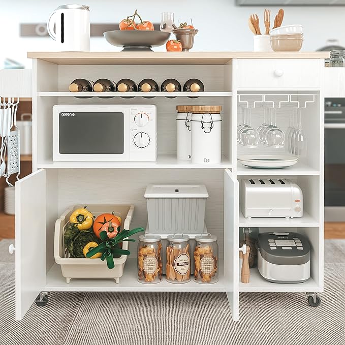 IRONCK Rolling Kitchen Island Cart with Drop-Leaf and Wine Rack, Microwave Rack Serving Cart on Wheels with Drawer & Shelves & Spice Rack & Cup Hanging, White - LeafyLoom