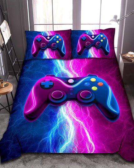 Meeting Story Gamer Gaming Bedding Sets Red Blue Lightnings Gamepad Comforter Set for Boys Games Console Action Buttons Novelty Colorful Modern Room Decor Home Quilt Set (Blue-Purple, Twin) - LeafyLoom