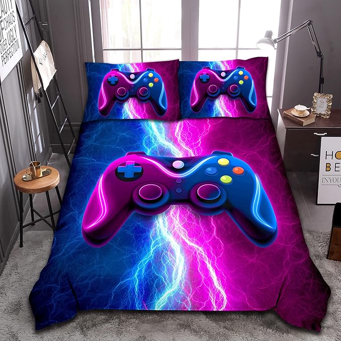 Meeting Story Gamer Gaming Bedding Sets Red Blue Lightnings Gamepad Comforter Set for Boys Games Console Action Buttons Novelty Colorful Modern Room Decor Home Quilt Set (Blue-Purple, Twin) - LeafyLoom