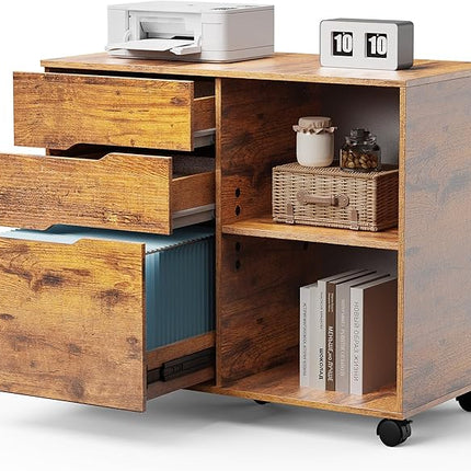 OLIXIS 3 Drawer File Cabinet Lateral Printer Stand with Adjustable Storage Shelves for Home Office Small Space, Rustic Brown - LeafyLoom