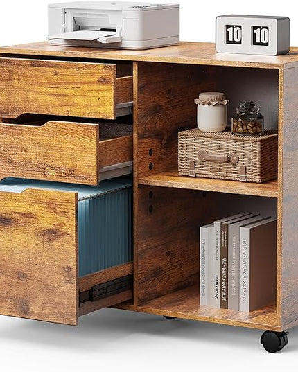 OLIXIS 3 Drawer File Cabinet Lateral Printer Stand with Adjustable Storage Shelves for Home Office Small Space, Rustic Brown - LeafyLoom