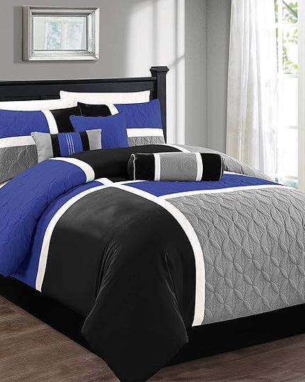Chezmoi Collection Upland 7-Piece Quilted Patchwork Comforter Set, Blue/Black/Gray, Full - LeafyLoom
