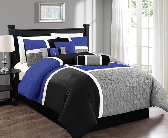 Chezmoi Collection Upland 7-Piece Quilted Patchwork Comforter Set, Blue/Black/Gray, Queen - LeafyLoom