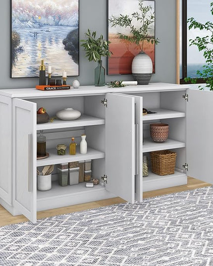 Wooden Sideboard with 4 Doors Large Storage Space,Buffet Cabinet,W/Adjustable Shelves and Silver Handles,Wear-Resistant Performance,for Kitchen,Dining Room,Hallway,White, 60" - LeafyLoom