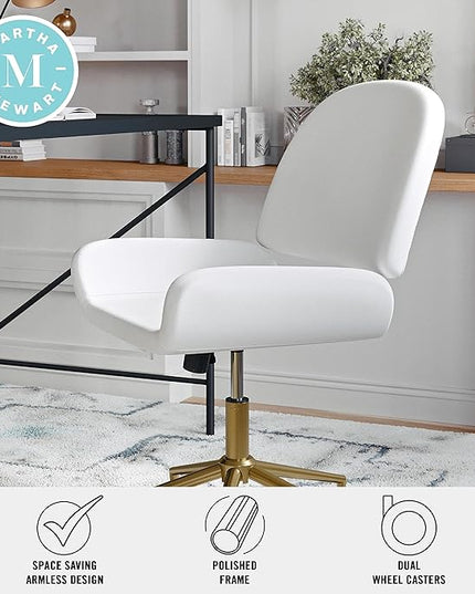Martha Stewart Tyla Armless Swivel Task Chair for Home Office in White Faux Leather with Polished Brass Frame - LeafyLoom