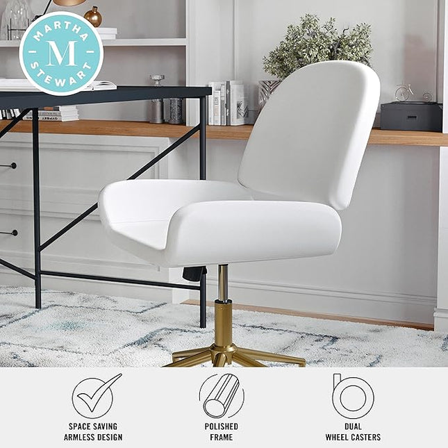 Martha Stewart Tyla Armless Swivel Task Chair for Home Office in White Faux Leather with Polished Brass Frame - LeafyLoom