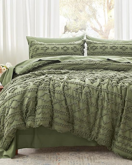Anluoer Queen Comforter Set 7 Pieces, Olive Green Tufted Bed in a Bag with comforters and sheets, All Season Bedding Sets with 1 Comforter, 2 PillowShams, 2 Pillowcases, 1 Flat Sheet, 1 Fitted Sheet - LeafyLoom