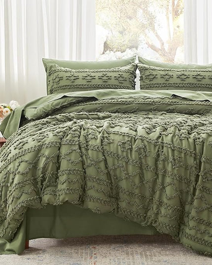 Anluoer King Comforter Set 7 Pieces, Olive Green Tufted Bed in a Bag with comforters and sheets, All Season Bedding Sets with 1 Comforter, 2 PillowShams, 2 Pillowcases, 1 Flat Sheet, 1 Fitted Sheet - LeafyLoom