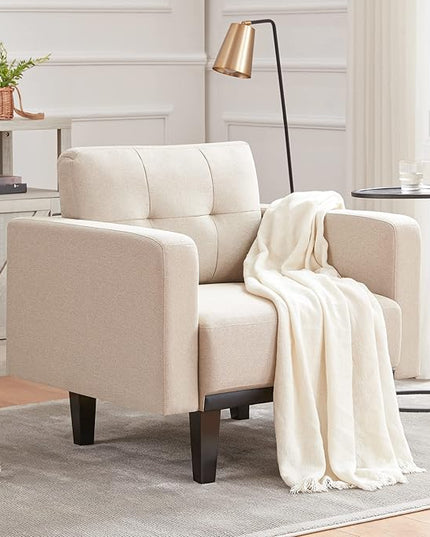 Mid-Century Accent Chair,Beige Linen Fabric Armchair for Living Room,Oversized Upholstered Single Sofa Chair for Bedroom Office Study,Comfy Accent Chairs with Wood Legs, Beige - LeafyLoom