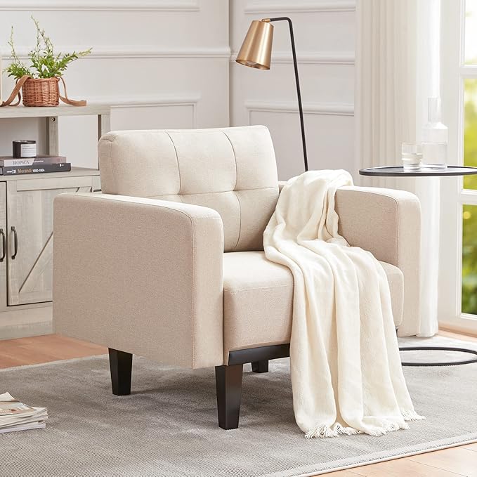 Mid-Century Accent Chair,Beige Linen Fabric Armchair for Living Room,Oversized Upholstered Single Sofa Chair for Bedroom Office Study,Comfy Accent Chairs with Wood Legs, Beige - LeafyLoom