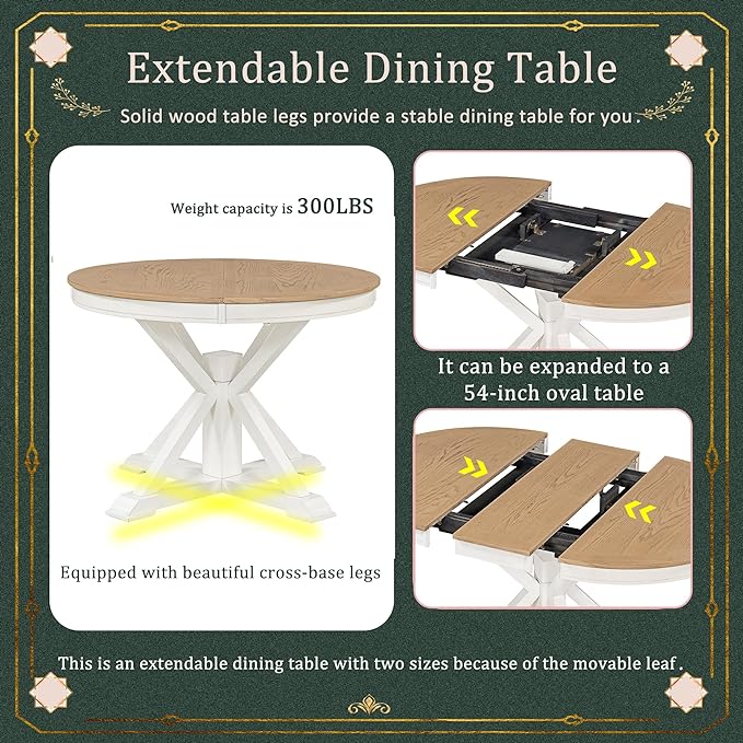 NicBex Dining Table Contemporary Kitchen Table Farmhouse Rustic Retro Functional Extendable Dining Table with a 12" Leaf for Dining Room and Living Room Round Dining Table, Oak Natural Wood+Off White - LeafyLoom
