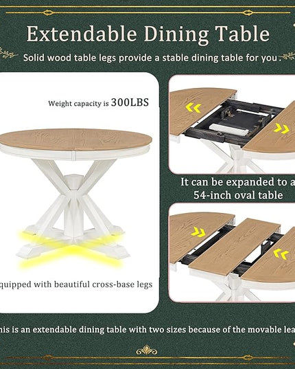 Small Dining Table Set for 4-6, Modern Round Extendable Table and Upholstered Chairs, X-Shaped Cross Base, Button Tufting Backrest, Retro Style Home Furniture for Small Spaces, Living Room - LeafyLoom
