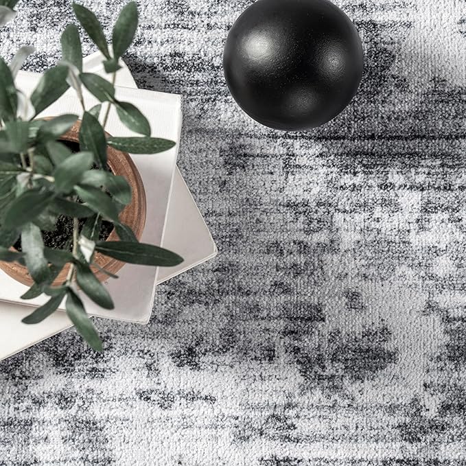 nuLOOM Alva Faded Abstract Machine Washable Ultra Thin Runner Rug, 2' 6" x 8', Light Grey - LeafyLoom
