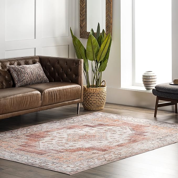 nuLOOM Dania Machine Washable Medallion Ultra Thin Area Rug, 3' x 5', Rust - LeafyLoom