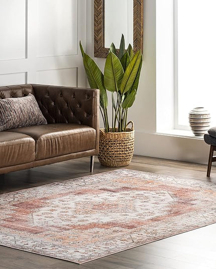 nuLOOM Dania Machine Washable Medallion Ultra Thin Area Rug, 4' x 6', Rust - LeafyLoom
