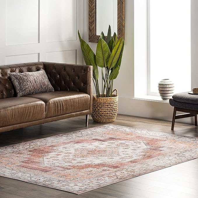 nuLOOM Dania Machine Washable Medallion Ultra Thin Area Rug, 4' x 6', Rust - LeafyLoom