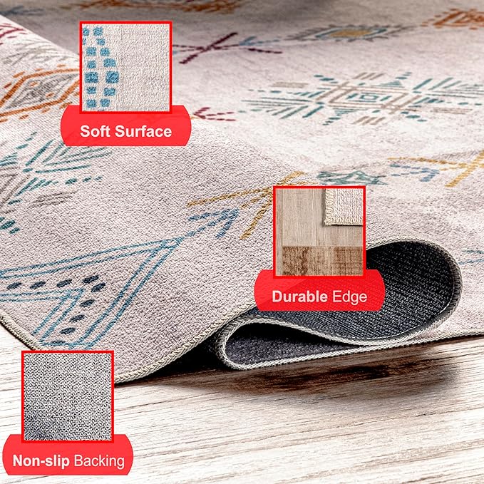nuLOOM Kiya Machine Washable Moroccan Tribal Geometric Ultra Thin Area Rug, 6' x 9', Light Grey - LeafyLoom
