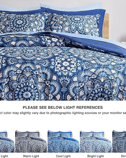 Comfort Spaces Girls Bed in A Bag Floral Comforter Set College Dorm Room Essentials, Complete Dormitory Bedroom Pack And Sheet with 2 Side Pocket Includes Extra Pillowcase Sets, Queen, Medallion Blue - LeafyLoom