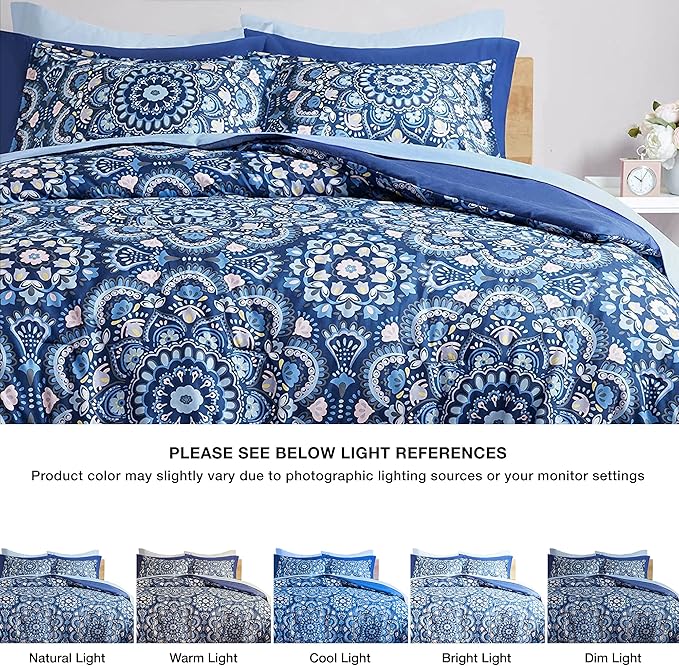Comfort Spaces Girls Bed in A Bag Floral Comforter Set College Dorm Room Essentials, Complete Dormitory Bedroom Pack And Sheet with 2 Side Pocket Includes Extra Pillowcase Sets, Queen, Medallion Blue - LeafyLoom