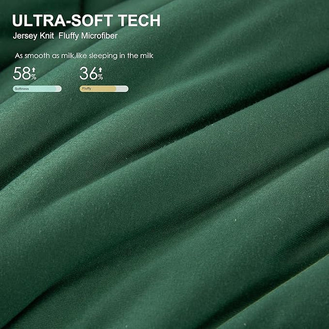 COTTEBED Forest Green Comforter Queen Size, Jersey Knit Cotton T-Shirt Feel Ultra-Soft Cute Cozy Lightweight Bedding Blanket Quilt Down Set & Pillowcase All Season Use Emerald Hunter Green,Full/Queen - LeafyLoom