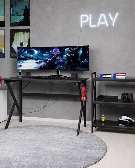 3 Shelf Bookcase - Console Table or Storage Shelf with Carbon Fiber Texture Finish and K Shaped Legs by Lavish Home (Black) - LeafyLoom