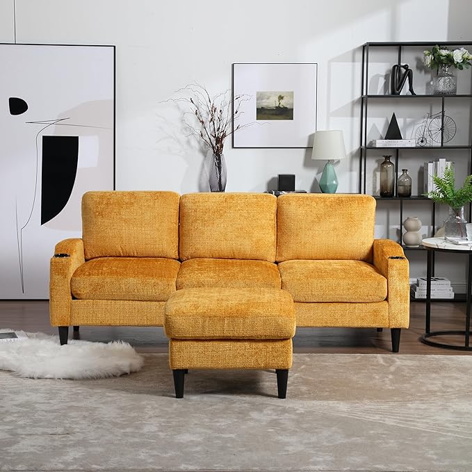 Convertible Sectional Sofa with Movable Storage Ottoman and Cupholders, 3 Seater L-Shaped Corner Couch,Chenille Upholstered Furniture w/Detachable Thicked Cushions for Living Room, Small Space - LeafyLoom