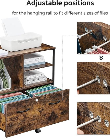 VASAGLE Lateral File Cabinet with Open Shelves and Drawer, for A4, Letter and Legal Sized Documents, Printer Stand, Rustic Brown + Black - LeafyLoom
