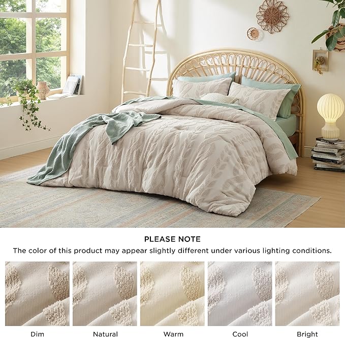 Bedsure Queen Size Comforter Set Beige, Boho Tufted Bedding Comforter Set, Farmhouse Jacquard Cable Knit Pattern Bed Set, 3 Pieces, 1 Shabby Chic Fluffy Comforter & 2 Pillow Shams - LeafyLoom