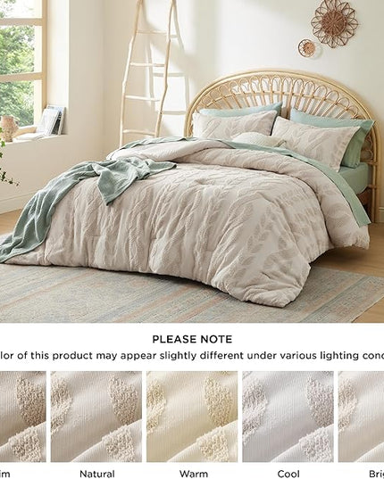 Bedsure King Size Comforter Set Beige, Boho Tufted Bedding Comforter Set, Farmhouse Jacquard Cable Knit Pattern Bed Set, 3 Pieces, 1 Shabby Chic Fluffy Comforter & 2 Pillow Shams - LeafyLoom