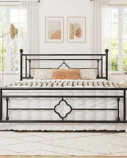Allewie King Size Metal Platform Bed Frame with Victorian Vintage Headboard and Footboard/Mattress Foundation/Under Bed Storage/No Box Spring Needed/Noise-Free/Easy Assembly, Black - LeafyLoom