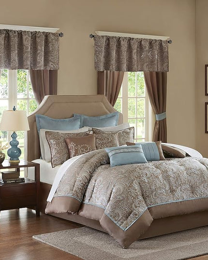 Madison Park Essentials Brystol 24 Piece Room in a Bag Faux Silk Comforter Jacquard Paisley Design Matching Curtains Down Alternative Hypoallergenic All Season Bedding-Set, King (104 in x 92 in), Blue - LeafyLoom